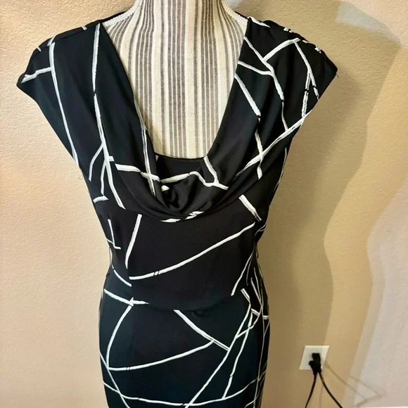 NWT Tahari Dress Sz 2 Arthur S. Levine Black White Geometric Lines Short Slv ASL - Picture 2 of 16